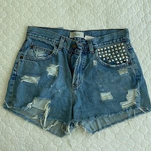 Studded Denim High Wasted Ripped Shorts
